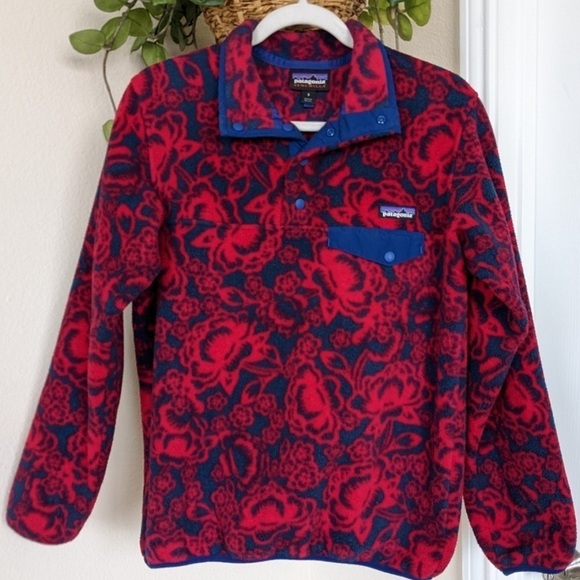 Patagonia RETRO Synchilla Fleece Hawaiian Red Lotus Flower Fleece RARE 🌺 Medium - Picture 2 of 8